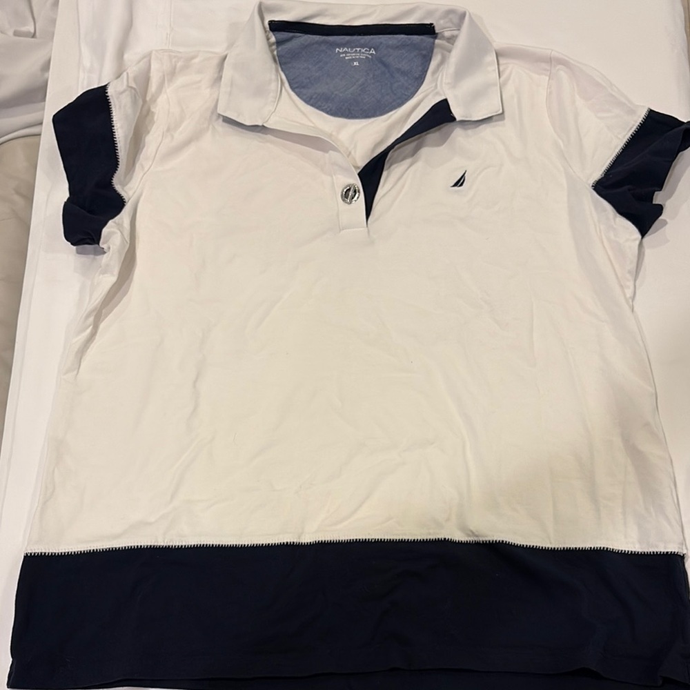 Nautica Women White and Navy Polo Shirt